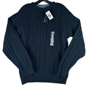Bill Blass Ribbed Knit Crewneck Sweater Mens Medium Navy Blue Classic Preppy